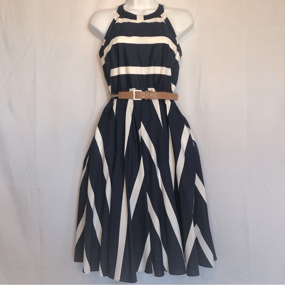 Eliza J Navy Blue And White Striped Fit And Flare Dress - Picture 5 of 15